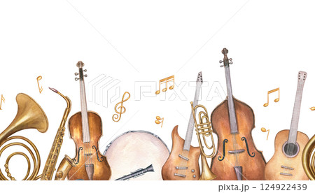 Music instruments and musical notes horizontal seamless watercolor banner isolated background. Acoustic and electric guitar, violin, trumpet, saxophone, French horn, drum, double bass illustration 124922439