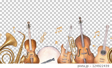 Music instruments and musical notes horizontal seamless watercolor banner isolated background. Acoustic and electric guitar, violin, trumpet, saxophone, French horn, drum, double bass illustration 124922439