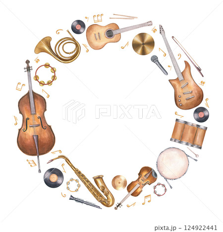 Musical instrument and floating musical notes circular watercolor wreath with copy space for text. Violin, trumpets, drum, saxophone, tambourine, tuba, flute, guitars frame isolated background. 124922441