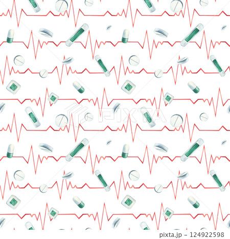 Seamless pattern with cardiogram, adhesive tape and pills. Watercolor illustration, hand drawn, isolated on white background. For the design of clinics, hospitals, pharmacies, medicines 124922598