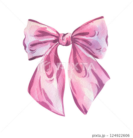 A large bow made of wide ribbon, chic in pink, lilac and purple shades. Watercolor illustration, hand-drawn on the theme of Bows of coquettes. A separate element isolated from the background A large bow made of wide ribbon, chic in pink, lilac and purple shades. Watercolor illustration, hand-drawn on the theme of Bows of coquettes. A separate element isolated from the background 124922606