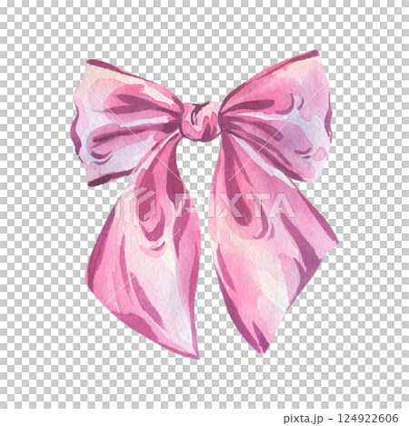 A large bow made of wide ribbon, chic in pink, lilac and purple shades. Watercolor illustration, hand-drawn on the theme of Bows of coquettes. A separate element isolated from the background A large bow made of wide ribbon, chic in pink, lilac and purple shades. Watercolor illustration, hand-drawn on the theme of Bows of coquettes. A separate element isolated from the background 124922606