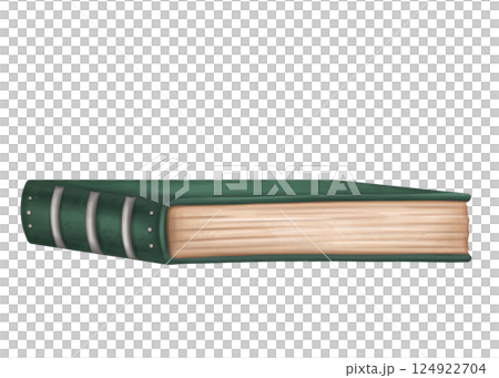 Vintage green antique historical books with aged pages. Decoration in vintage gothic old victorian design. Research archive, Royal library, ornament cover. Handmade illustration on white background 124922704