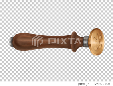 Wooden stamp with gold for sealing wax, stamp tool in vintage style. For classic calligraphy letters. Antiquarian royalty signature, author's branding sign. Handmade illustration on white background 124922706