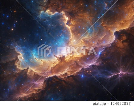 View of stars and nebula, a large, diffuse cloud of gas and dust in deep space. 124922857