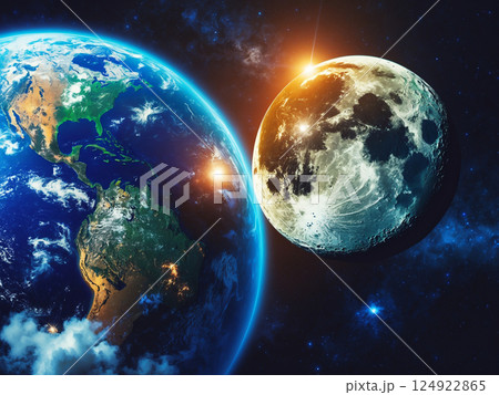 View of the planet earth and the moon from the space. 124922865