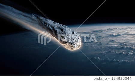 Space threat - huge asteroid. A meteorite flies over the surface of the Earth. A massive asteroid looms in the void, a constant reminder of the dangers lurking in space. 124923044