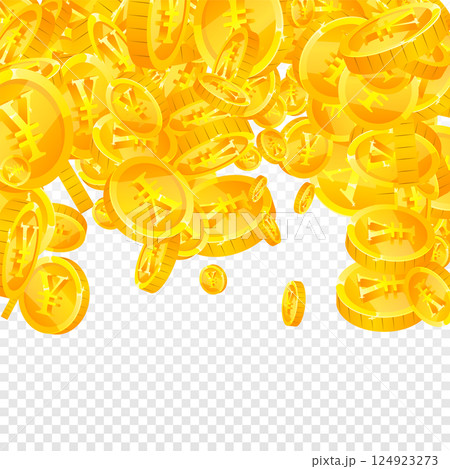 Chinese yuan coins falling. Scattered gold CNY coins. China money. Global financial crisis concept. Square vector illustration. Chinese yuan coins falling. Scattered gold CNY coins. China money. Global financial crisis concept. Square vector illustration. 124923273