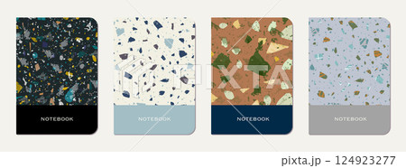 School notebook cover design. Terrazzo abstract background made of natural stones, granite, quartz and marble. Venetian terrazzo texture school notebook template. 124923277