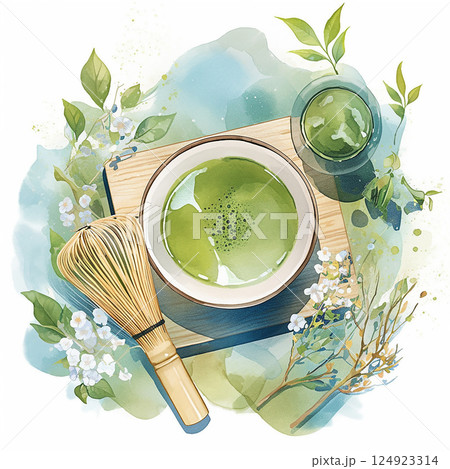Matcha tea preparation with a traditional bowl and whisk placed on a natural wooden tray surrounded by herbs and flowers 124923314