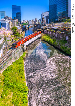 日本の東京都市景観 珍景。丸ノ内線2000系や御茶ノ水駅、桜などを望む。水面には花筏が広がる 124923372