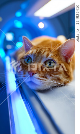 Orange tabby cat with captivating green eyes positioned inside a modern MRI or CT scanner Orange tabby cat with captivating green eyes positioned inside a modern MRI or CT scanner 124923416