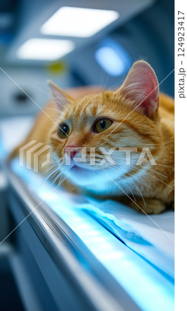 Orange tabby cat with captivating green eyes positioned inside a modern MRI or CT scanner Orange tabby cat with captivating green eyes positioned inside a modern MRI or CT scanner 124923417