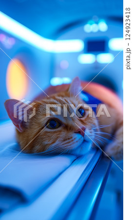 Orange tabby cat with captivating green eyes positioned inside a modern MRI or CT scanner Orange tabby cat with captivating green eyes positioned inside a modern MRI or CT scanner 124923418