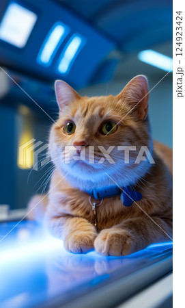 Orange tabby cat with captivating green eyes positioned inside a modern MRI or CT scanner Orange tabby cat with captivating green eyes positioned inside a modern MRI or CT scanner 124923424