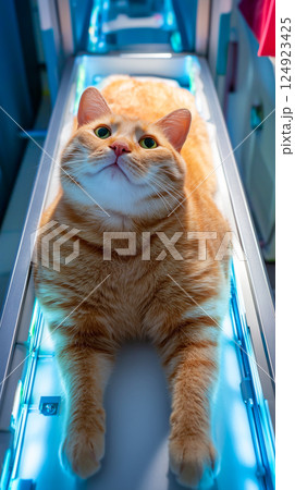 Orange tabby cat with captivating green eyes positioned inside a modern MRI or CT scanner Orange tabby cat with captivating green eyes positioned inside a modern MRI or CT scanner 124923425