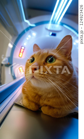 Orange tabby cat with captivating green eyes positioned inside a modern MRI or CT scanner 124923426