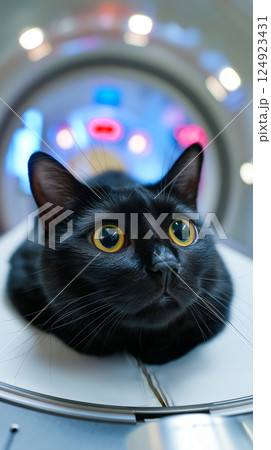 Black cat lies patiently on the bed of a modern MRI or CT scanner. Black cat lies patiently on the bed of a modern MRI or CT scanner. 124923431