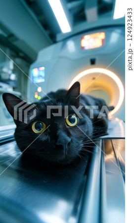Black cat lies patiently on the bed of a modern MRI or CT scanner. Black cat lies patiently on the bed of a modern MRI or CT scanner. 124923433