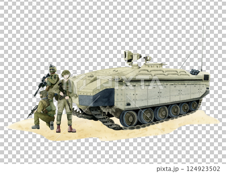 Israel army armored personnel carrier with soldiers in uniform watercolor isolated illustration. Namer military machine with IDF infantry units for war and peace designs or Veteran Remembrance Day Israel army armored personnel carrier with soldiers in uniform watercolor isolated illustration. Namer military machine with IDF infantry units for war and peace designs or Veteran Remembrance Day 124923502