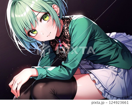 イラスト　緑髪の美少女　シンプル背景 124923661