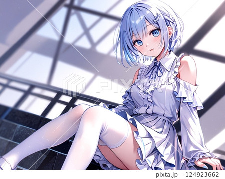 イラスト　青髪の美少女　座る 124923662