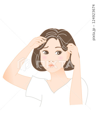 髪を触り白髪に悩む女性のイラスト 124923674