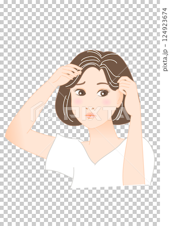 髪を触り白髪に悩む女性のイラスト 124923674