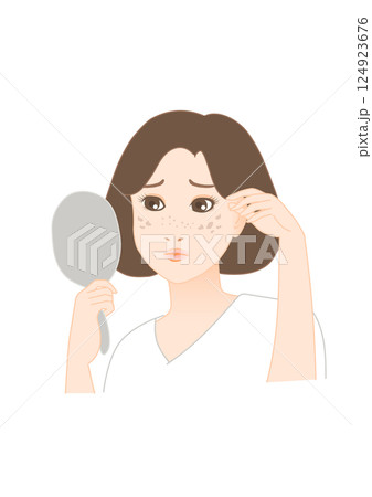 シミやそばかすに悩む女性のイラスト シミやそばかすに悩む女性のイラスト 124923676