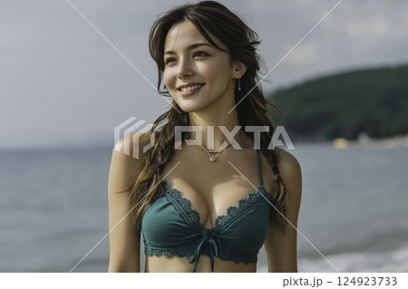 真夏のビーチ　女性イメージ　 124923733