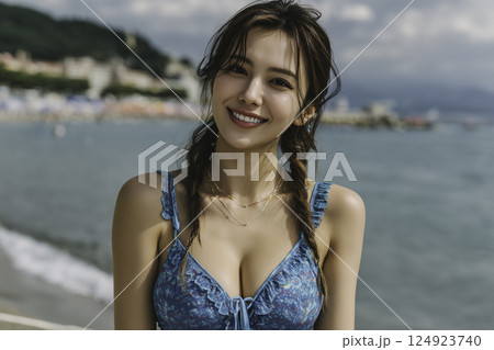 真夏のビーチ　女性イメージ　 124923740