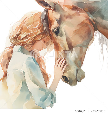 Connection Connection between girl and horse in serene countryside setting at sunsetbetween girl and horse in serene countryside setting at sunset 124924036