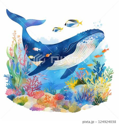 Colorful underwater scene with a majestic whale swimming through vibrant coral reefs and tropical fish in a tranquil ocean environment Colorful underwater scene with a majestic whale swimming through vibrant coral reefs and tropical fish in a tranquil ocean environment 124924038