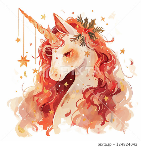 Unique festive unicorn with vibrant curls and holiday decorations set against a bright background 124924042