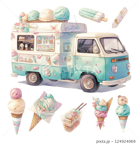 Colorful ice cream truck selling assorted frozen treats in a lively neighborhood during summer Colorful ice cream truck selling assorted frozen treats in a lively neighborhood during summer 124924069