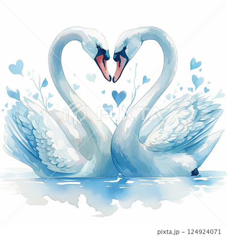 Swans create a heart shape in water with serene blue background and whimsical hearts at a tranquil lakeside setting 124924071