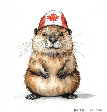 Cute Canadian marmot wearing a red hat with maple leaf designs standing upright in a joyful pose Cute Canadian marmot wearing a red hat with maple leaf designs standing upright in a joyful pose 124924072
