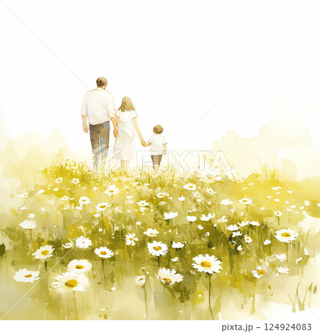 Family walking hand in hand through a flower field on a bright summer day, enjoying nature together 124924083