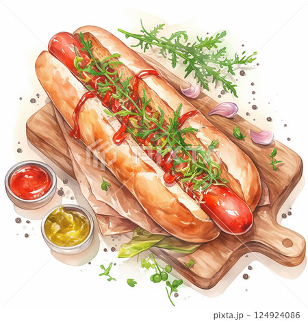 Delicious hot dog with fresh toppings served on wooden board in a cozy setting Delicious hot dog with fresh toppings served on wooden board in a cozy setting 124924086