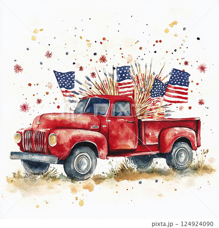 Old red truck decorated with American flags and sparklers for a festive celebration on a warm summer day 124924090