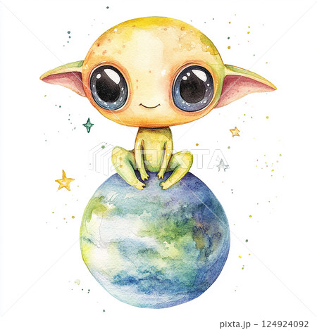 Cute alien character sitting on a planet under a starry sky in a whimsical watercolor style 124924092