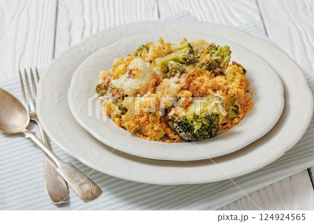 broccoli cauliflower casserole on plate, top view broccoli cauliflower casserole on plate, top view 124924565