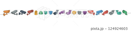 CCTV cameras one line colored continuous drawing. Security home protection system. Vector illustration. 124924603
