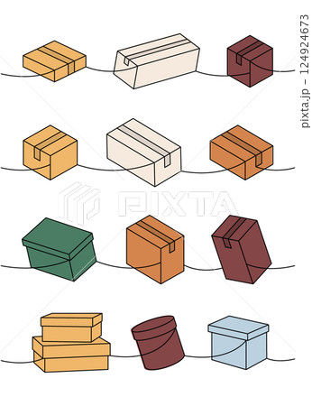 Black delivery boxes set. Present gift boxes one line colored continuous drawing. Vector illustration. Black delivery boxes set. Present gift boxes one line colored continuous drawing. Vector illustration. 124924673