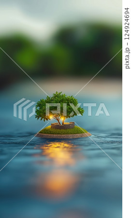 Dreamy Island Fortress Surrounded by Glowing Blue Ocean Waters in a Serene Natural Landscape 124924694