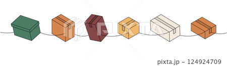 Present boxes one line colored continuous drawing. Cardboard boxes. Vector illustration. Present boxes one line colored continuous drawing. Cardboard boxes. Vector illustration. 124924709