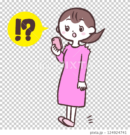 Illustration of a woman surprised by her smartphone Illustration of a woman surprised by her smartphone 124924741