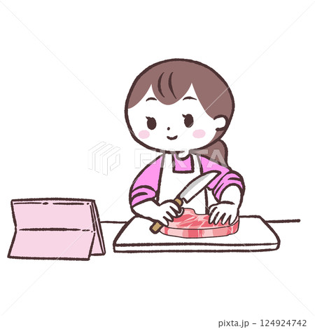 動画を見ながら肉を料理する女性イラスト 動画を見ながら肉を料理する女性イラスト 124924742