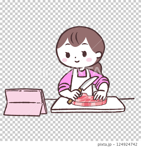 一位女士一邊看影片一邊烹調肉類的插圖 一位女士一邊看影片一邊烹調肉類的插圖 124924742