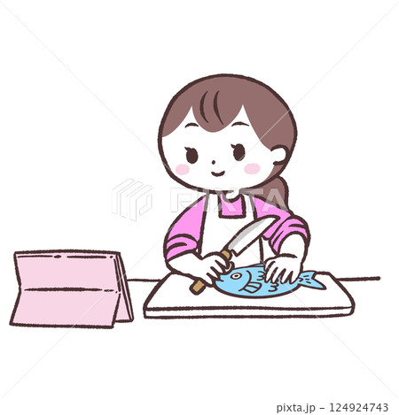 動画を見ながら魚を料理する女性イラスト 124924743